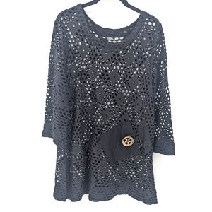 Kaktus Sweater Womens Large Open Knit Pullover 3/4 Sleeve Boho‎ Artsy Pocket